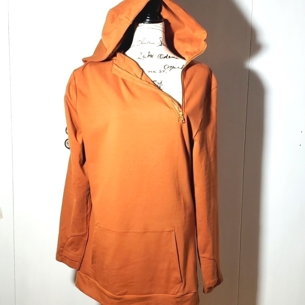 Burnt Orange Hooded Sweatshirt Slant Zip Neckline Cozy Neutral Oversized Sz XL